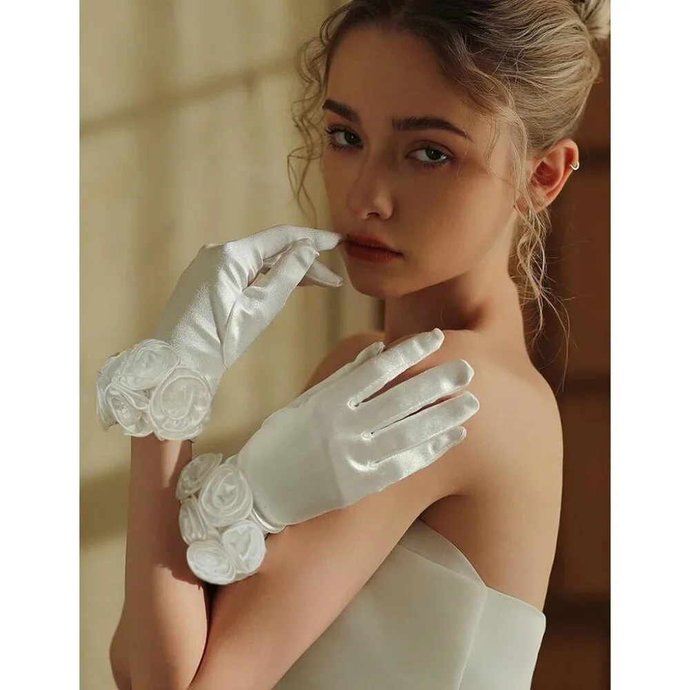 Women's Burgundy Elegant Floral Satin Short Gloves Wedding Party Accessories